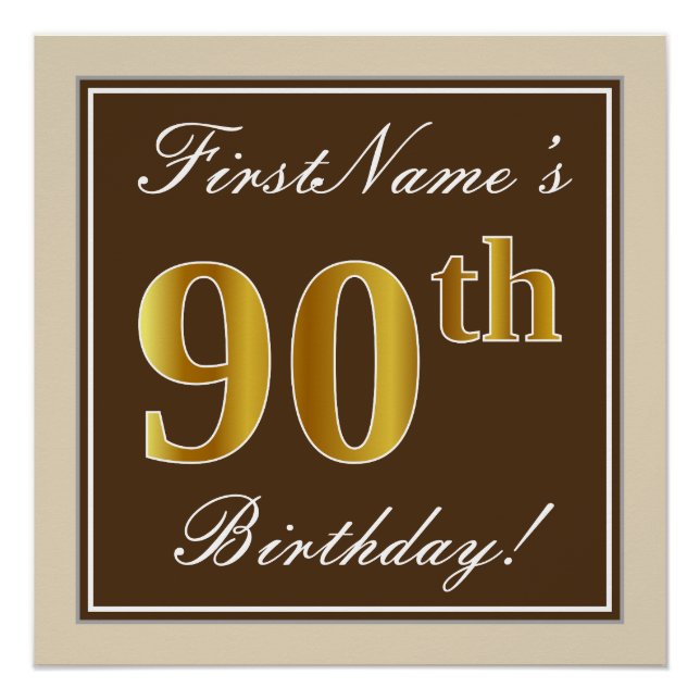 Elegant, Brown, Faux Gold 90th Birthday + Name Poster (Front)