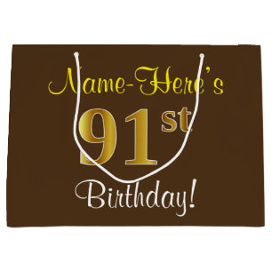 Elegant, Brown, Faux Gold 91st Birthday + Name Large Gift Bag