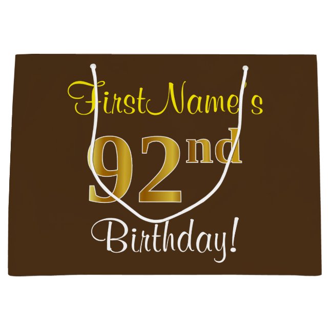 Elegant, Brown, Faux Gold 92nd Birthday + Name Large Gift Bag (Front)