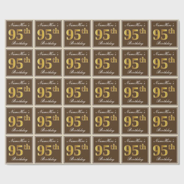 Elegant, Brown, Faux Gold 95th Birthday + Name Wrapping Paper (Flat)
