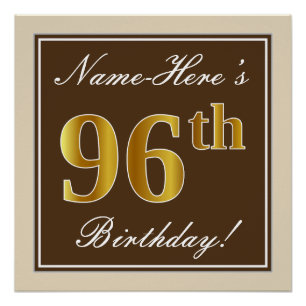 Elegant, Brown, Faux Gold 96th Birthday + Name Poster