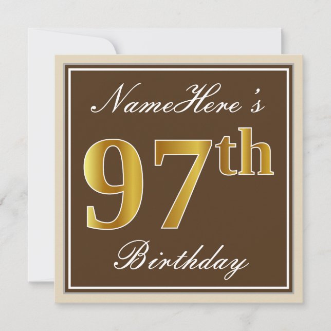 Elegant, Brown, Faux Gold 97th Birthday + Name Invitation (Front)