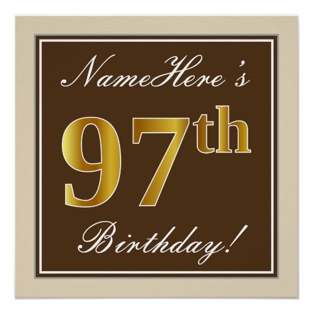 Elegant, Brown, Faux Gold 97th Birthday + Name Poster (Front)