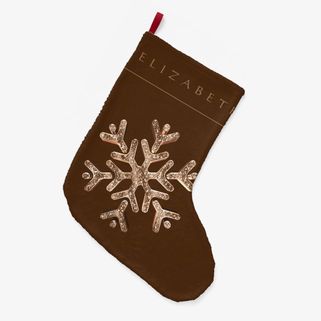 Elegant Brown Faux Gold Snowflake with Name Rustic Large Christmas Stocking (Front (Hanging))
