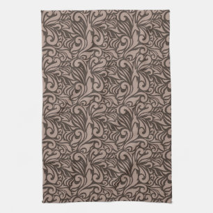 Elegant Brown Floral Pattern on Light Pink Back Kitchen Towel