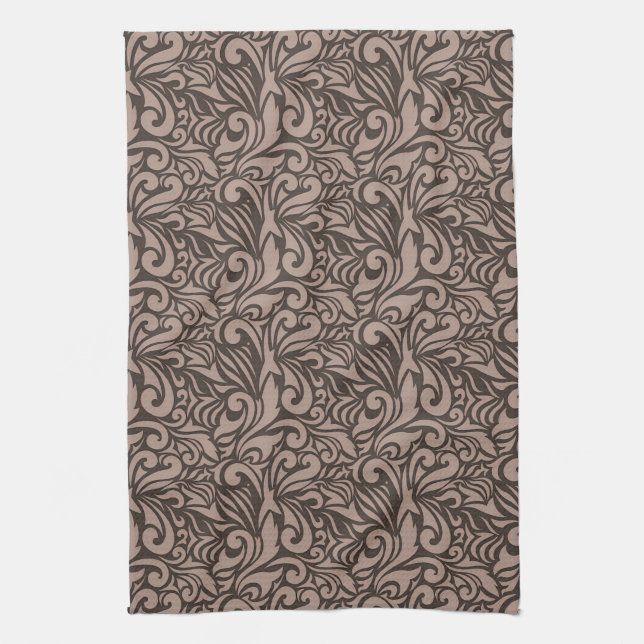 Elegant Brown Floral Pattern on Light Pink Back Kitchen Towel (Vertical)