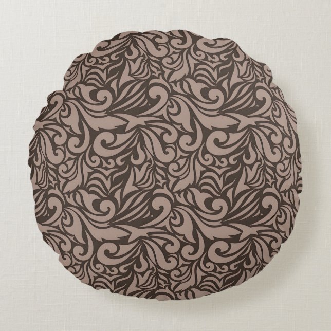 Elegant Brown Floral Pattern on Light Pink Back Round Pillow (Front)