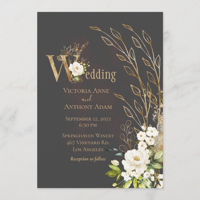 Elegant Brown Floral Rustic Script Wedding Invitation (Front)
