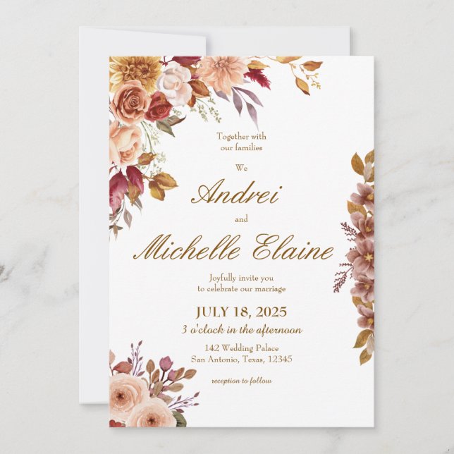 Elegant Brown Floral Wedding Invitation (Front)