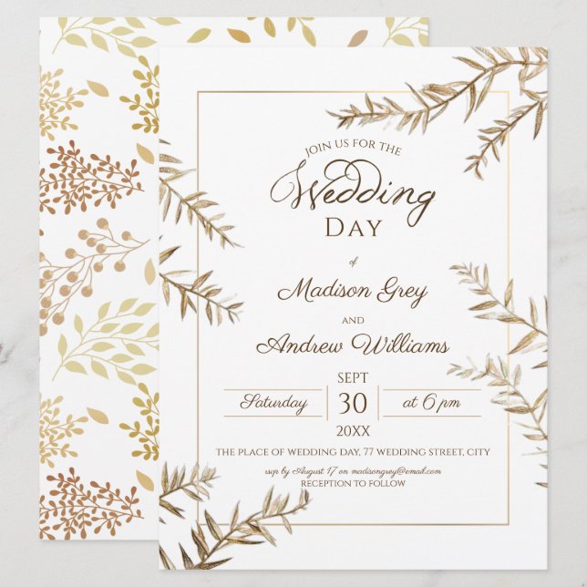 Elegant Brown Foliage Autumn Wedding Invitation (Front/Back)