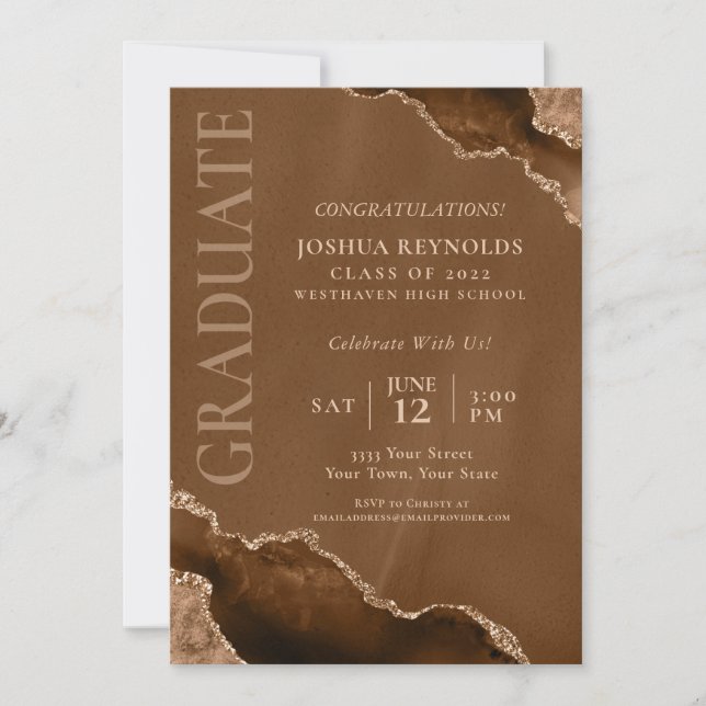 Elegant Brown Gold Agate Graduation Party Invitation (Front)