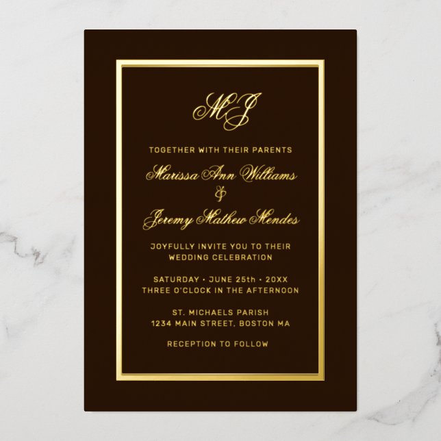 Elegant Brown Gold Calligraphy Script Wedding (Front)