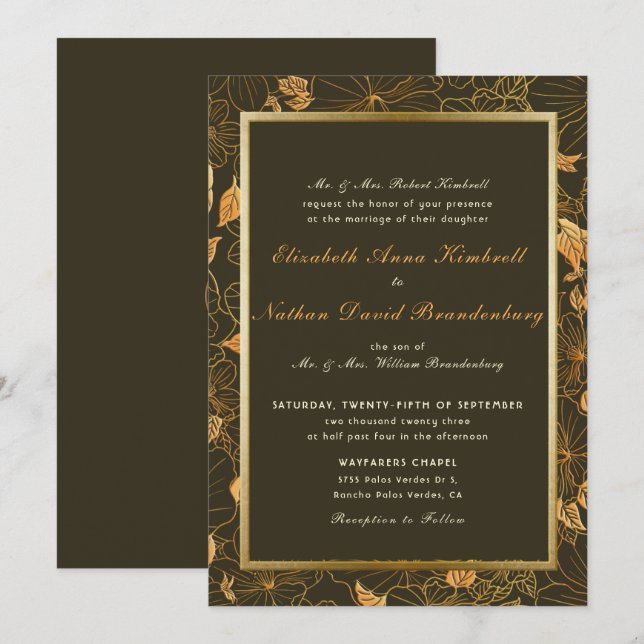 Elegant Brown & Gold Floral Autumn Fall Wedding  Invitation (Front/Back)