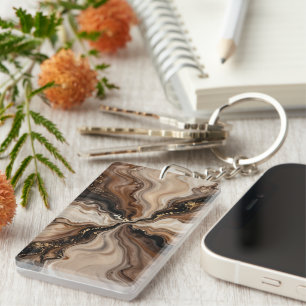 Elegant Brown & Gold Fluid Abstract Art Keychain