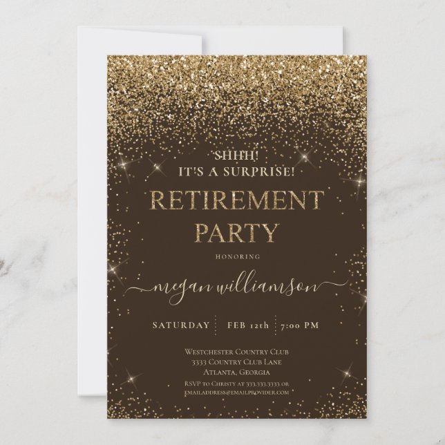 Elegant Brown Gold Glitter Retirement Party Invitation (Front)