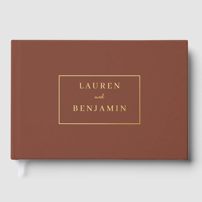 Elegant Brown Gold Nameplate Guest Book (Front)