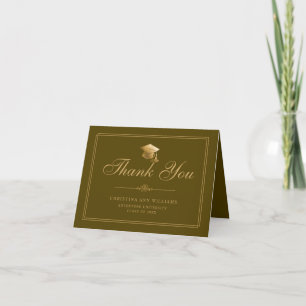 Elegant Brown Gold Script Cap Graduation Thank You Card