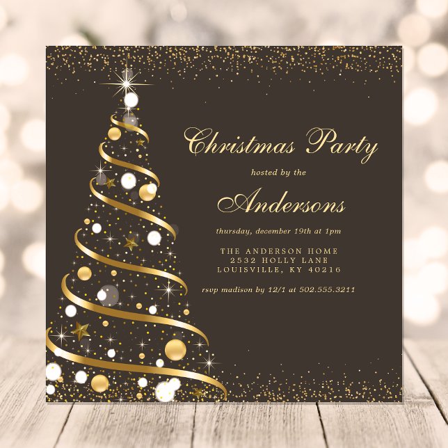 Elegant Brown Gold Sparkle Christmas Tree Party Invitation (Creator Uploaded)