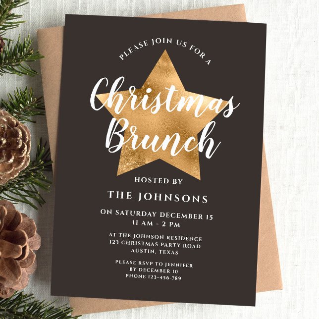 Elegant Brown Gold Star Christmas Brunch Invitation (Elegant Brown Gold Star Christmas Brunch Invitation)