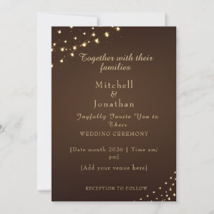 Elegant Brown & Gold String Lights Wedding Invitation