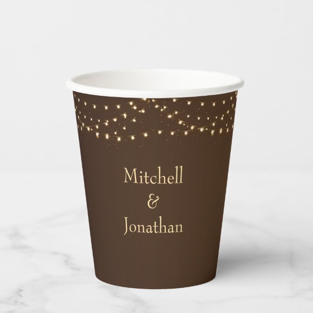 Elegant Brown & Gold String Lights Wedding Paper Cups (Front)