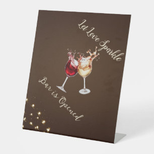 Elegant Brown & Gold String Lights Wedding Pedestal Sign