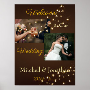 Elegant Brown & Gold String Lights Wedding Poster