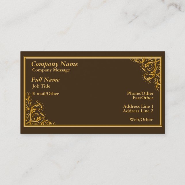 Elegant Brown,Gold Swirl Business Card Template (Front)