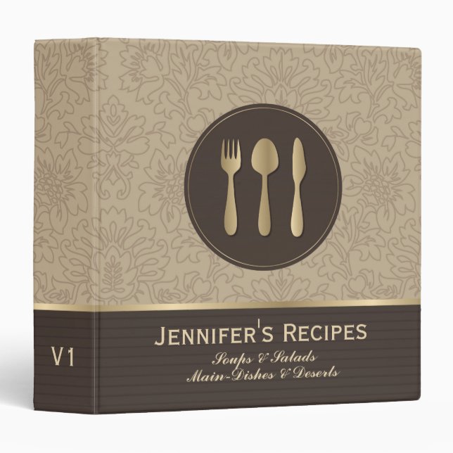 Elegant Brown & Gold Vintage Damasks Recipes Binder (Front/Spine)