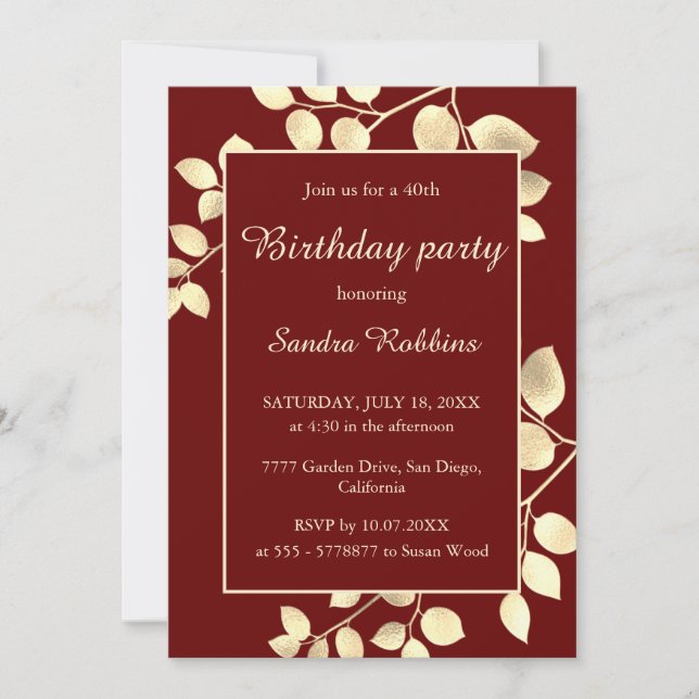 Elegant brown golden leaves birthday invitation (Front)