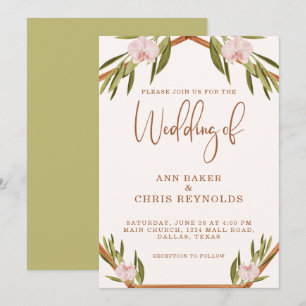 Elegant Brown Green Pink Boho Wedding Invitation