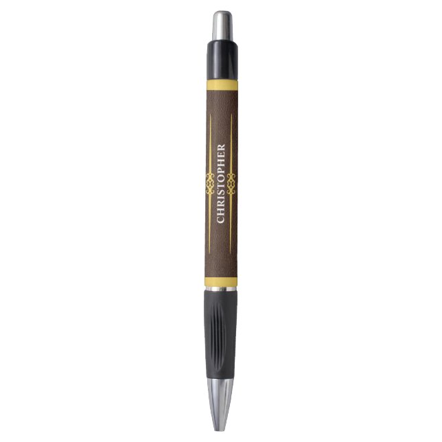 Elegant Brown Leather & Gold Foil Monogram Name Pen (Front Vertical)