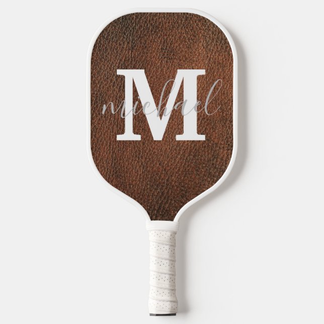 elegant brown leather monogram personalized  pickleball paddle (Front)