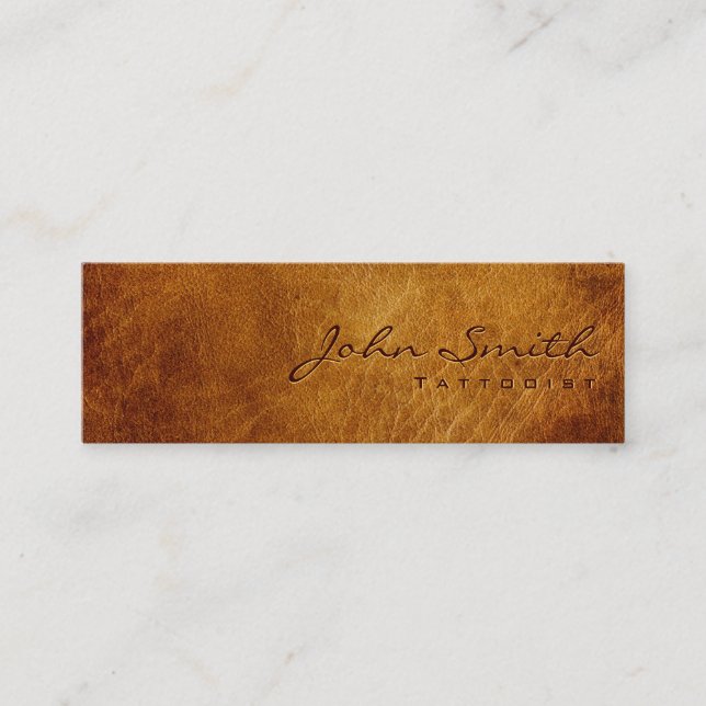 Elegant Brown Leather Tattoo Artist Mini Business Card (Front)