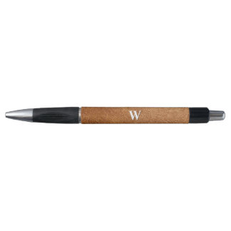 Elegant Brown Leather Texture Monogrammed Name Pen