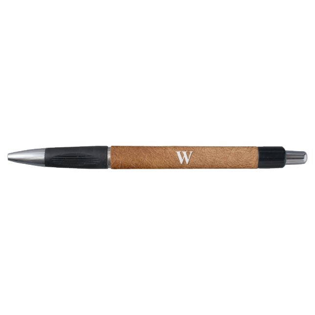 Elegant Brown Leather Texture Monogrammed Name Pen (Front)