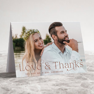 Elegant Brown Love and Thanks Wedding Photo Thank You Card
