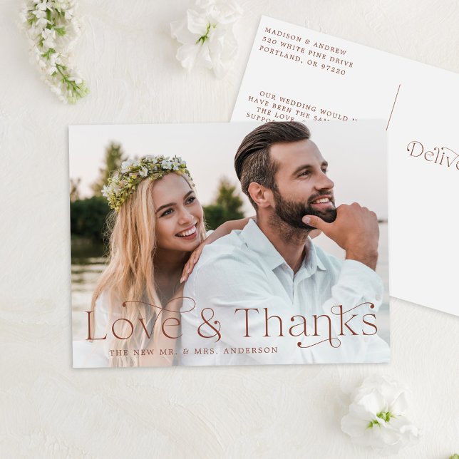 Elegant Brown Love and Thanks Wedding Thank You Postcard (Creator Uploaded)