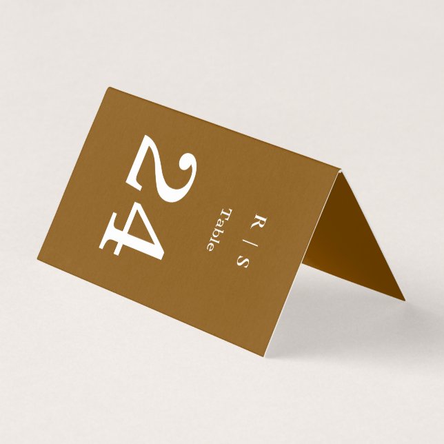 Elegant Brown Monogram Wedding Table Number Card (Front)