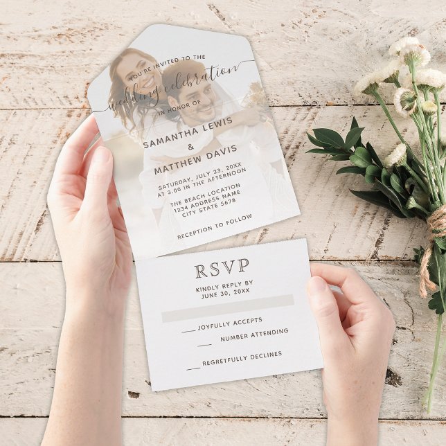 Elegant Brown Neutral Couple Photo Wedding All In One Invitation (Creator Uploaded)