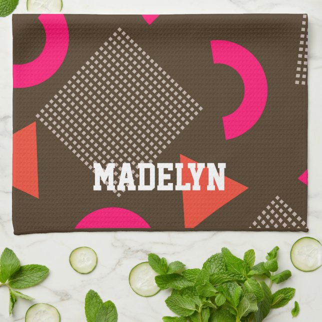 Elegant Brown Orange Geometric Personalized Name  Kitchen Towel (Folded)