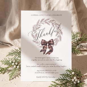 Elegant Brown Plaid Bow Thanksgiving Thankful Invitation