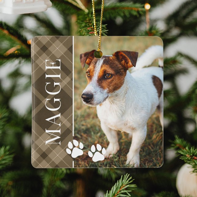 Elegant Brown Plaid Pet Name and Photo Ceramic Ornament (Creator Uploaded)
