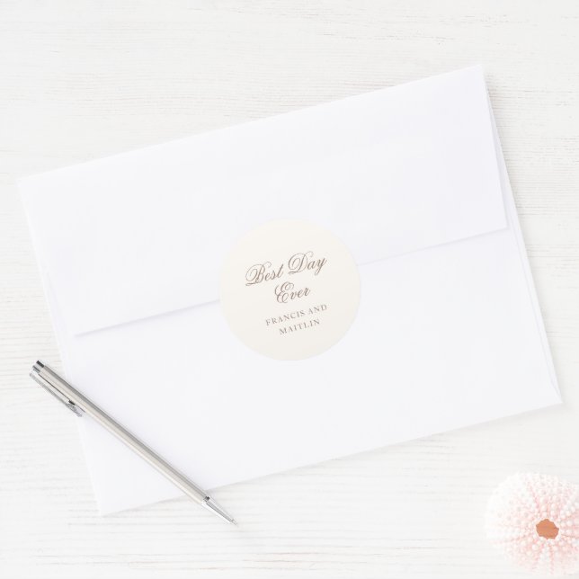 Elegant Brown Romantic Wedding Classic Round Sticker (Envelope)