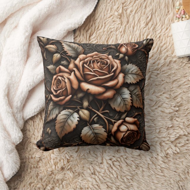 Elegant Brown Rose Relief Against Dark Background Throw Pillow (Blanket)