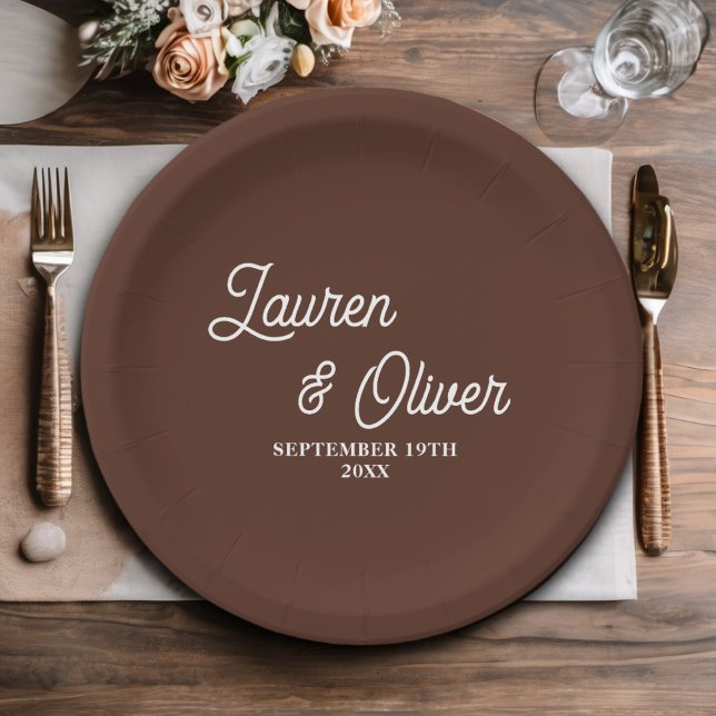 Elegant Brown Script Minimalist Wedding Paper Plate (Creator Uploaded)