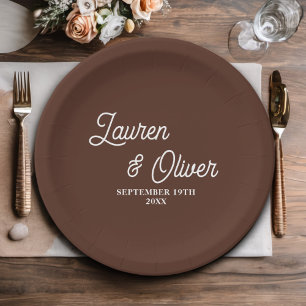 Elegant Brown Script Minimalist Wedding Paper Plate