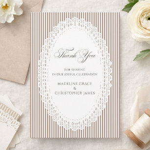 Elegant Brown Stripe Lace Doily Wedding Thank You Card