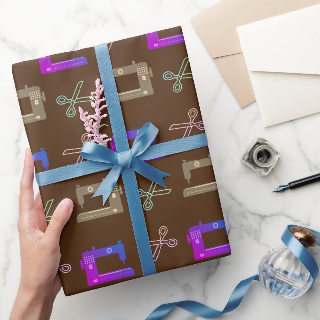 Elegant Brown Tailor's Sewing Machine Scissors  Wrapping Paper (Gifting)