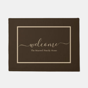 Elegant brown taupe script family name welcome doormat